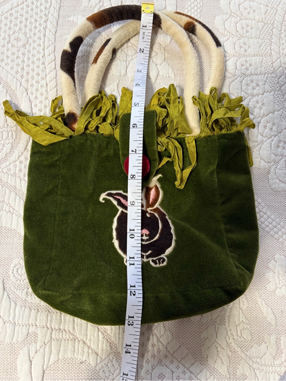 Discontinued Susie Stern "Cowbunnies" Green Velvet Bunny Appliqué Tote Bag EUC - Picture 8 of 9